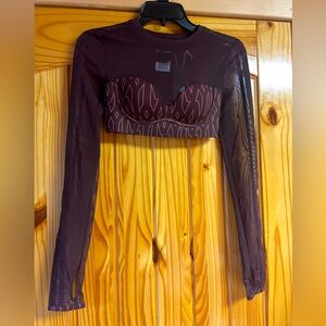 Ivy Park Adidas Maroon & Gold Mesh Cropped Long Sleeve Workout Top